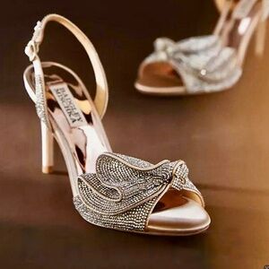 Badgley Mischka Rennie Rhinestone Ruffle Satin High Heel Stiletto Sandal…